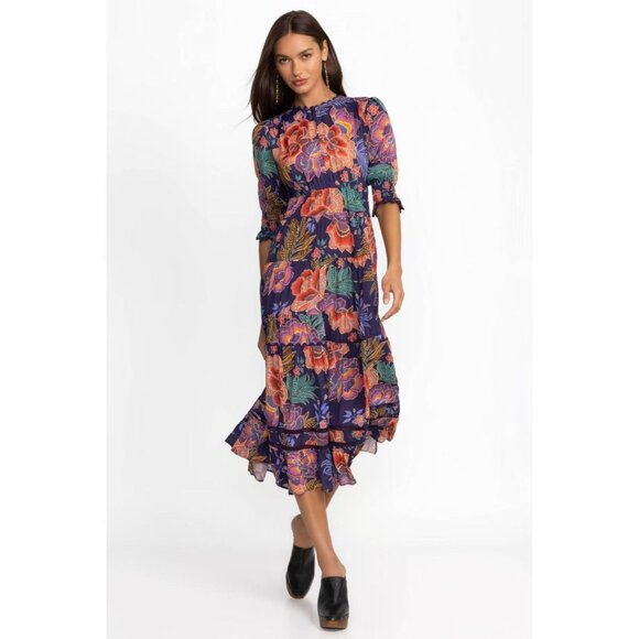 $598 NWT Johnny Was Jade Silk Blend DAPHNE TEA Tiered Ruffles Midi DRESS Size XS - Picture 1 of 16
